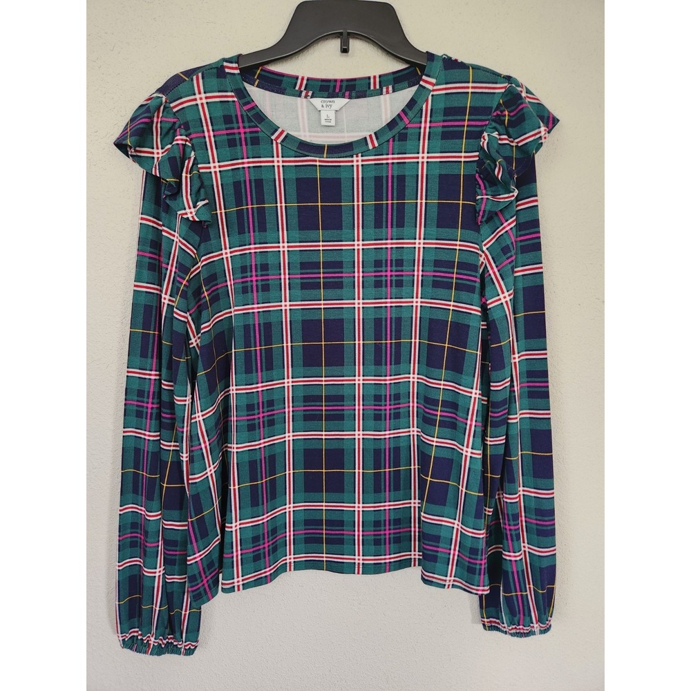 Crown & Ivy Long Sleeve Green Plaid Shirt Ruffled Sleeve Womens Large